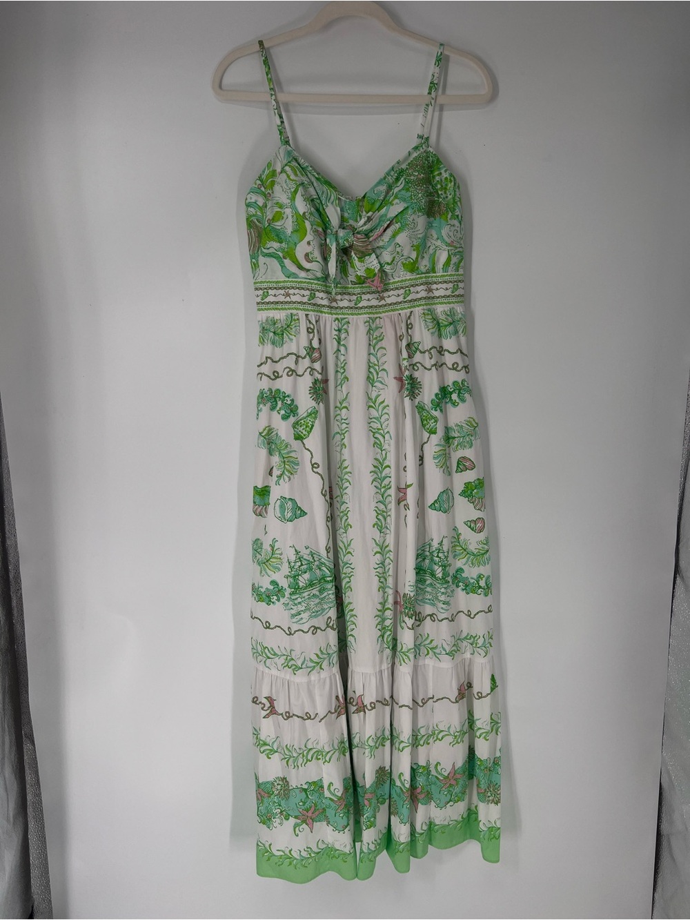 Lilly Pulitzer White Green Floral Nautical Preppy Botanical Bow Front Maxi Dress